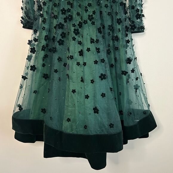 Mac Duggal Emerald Floral Embossed Illusion Midi Dress 67007 Size 4 - Picture 5 of 10